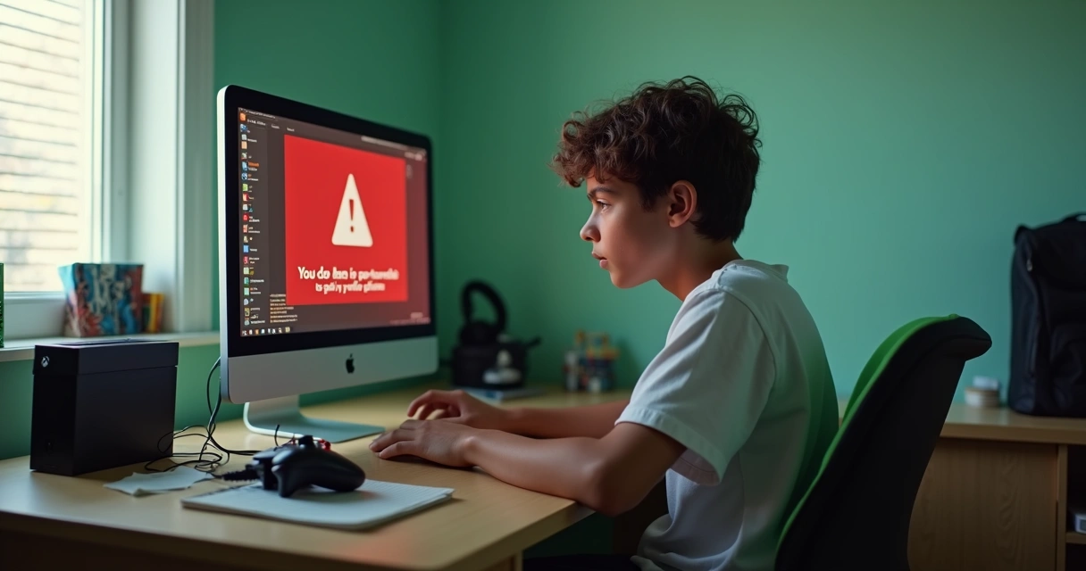 Adolescente em frente ao computador vendo mensagem de erro de permissão para jogar online