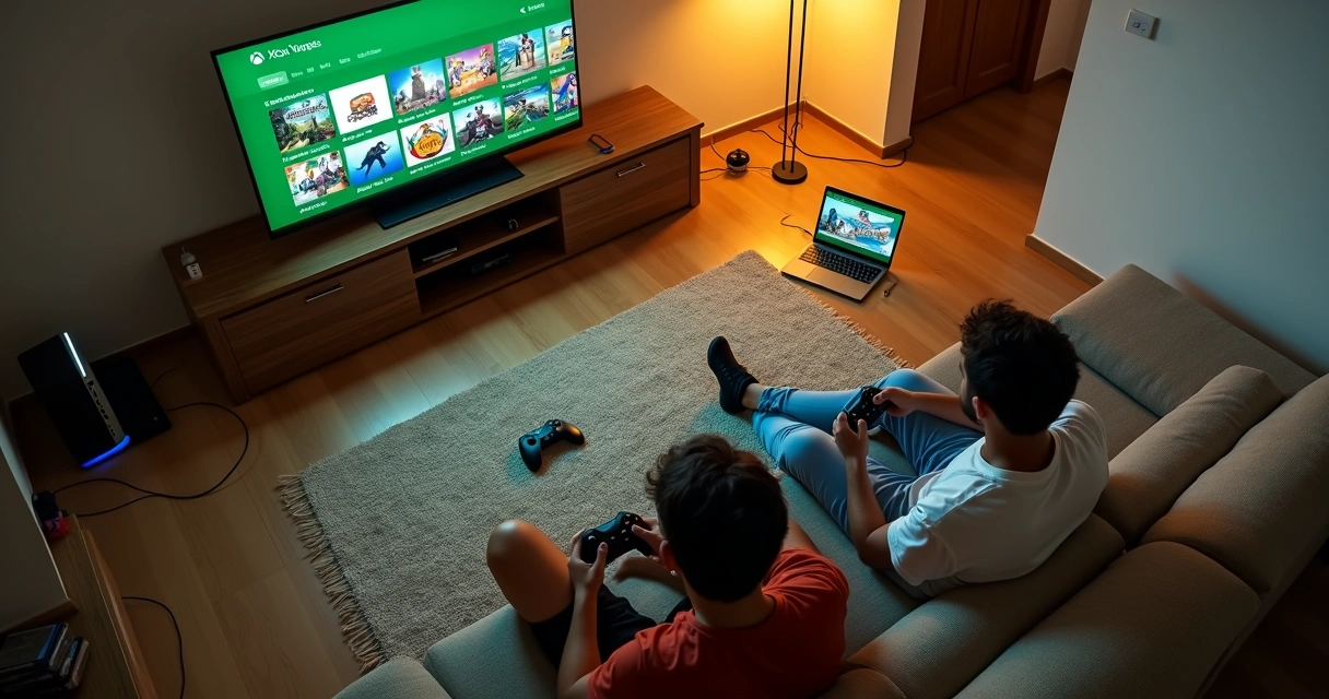 Amigos relaxando no chão da sala jogando com Xbox Game Pass Essential na TV