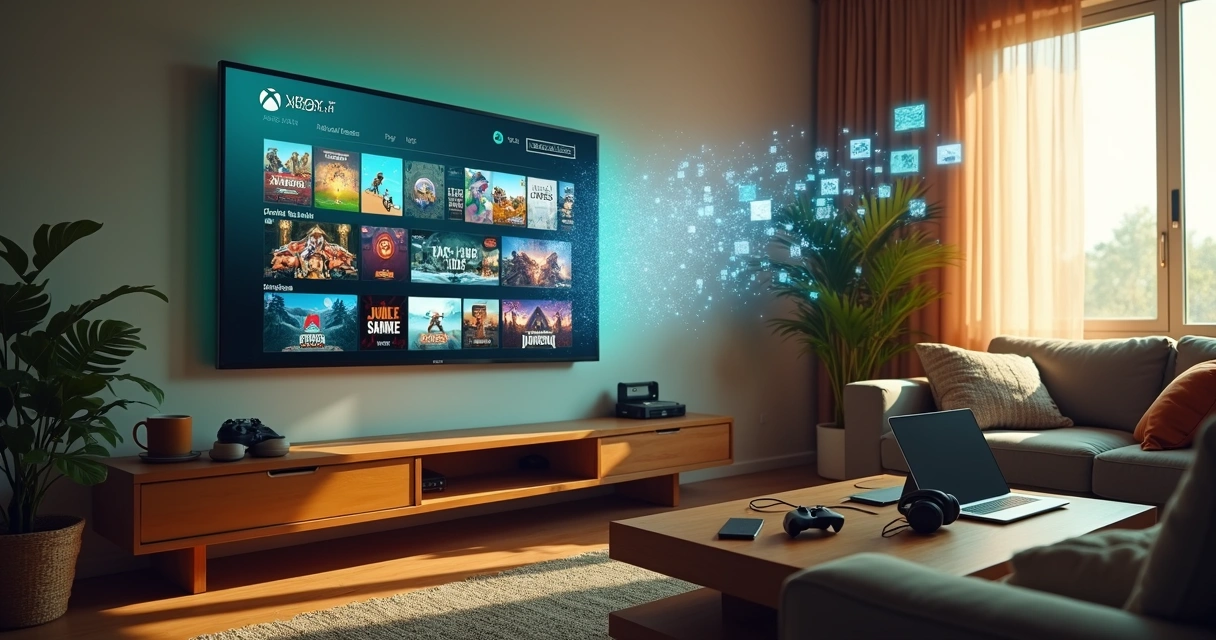 Parede com capas de jogos do Game Pass formando uma grande biblioteca digital