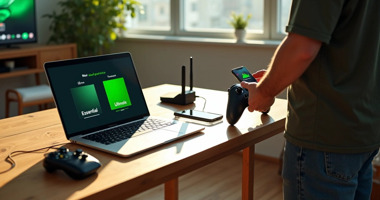 Mesa com gamer comparando dois planos do Xbox Game Pass na tela de um notebook