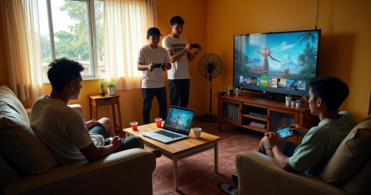 Grupo de amigos jogando Game Pass Premium em sala simples com TV, notebook e celular