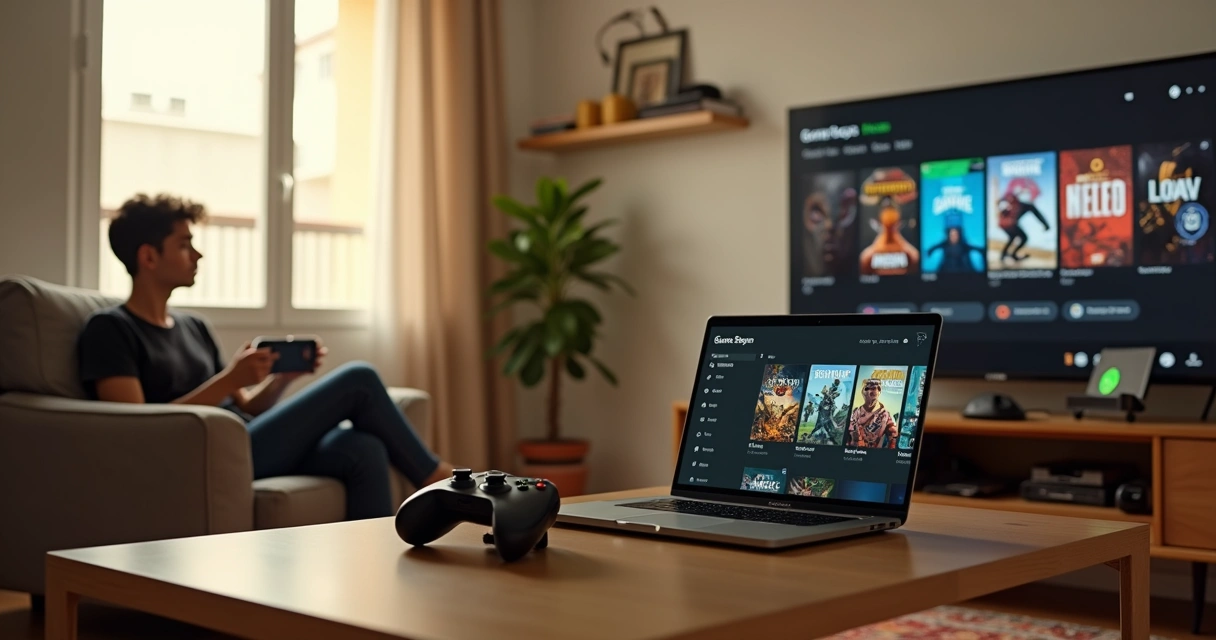 Pessoa jogando no celular enquanto Xbox e PC mostram o Game Pass na mesma sala iluminada