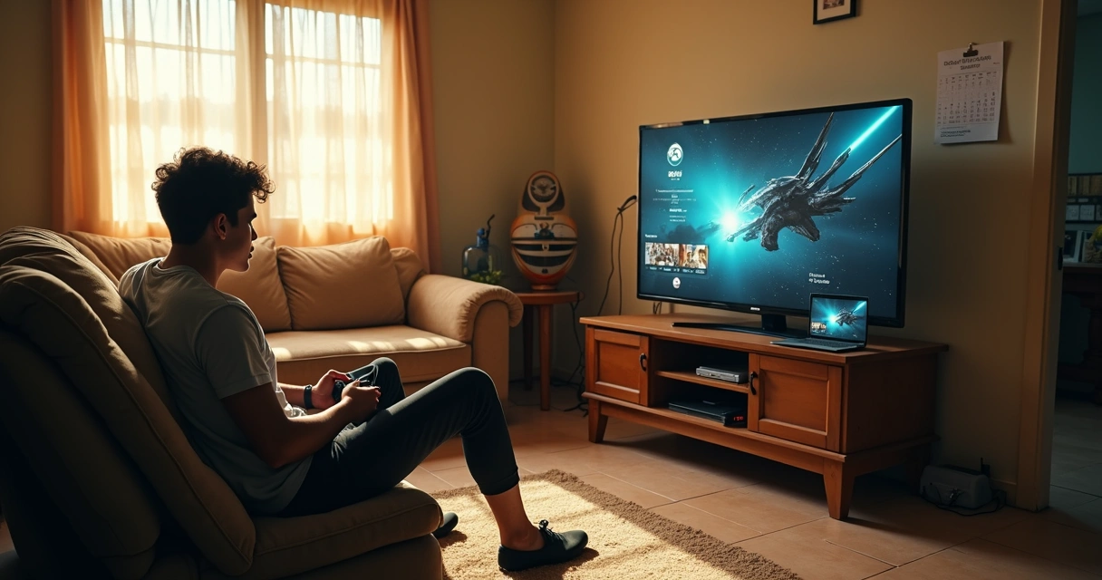 Gamer brasileiro jogando Game Pass Essential em sala simples com vários dispositivos ao redor