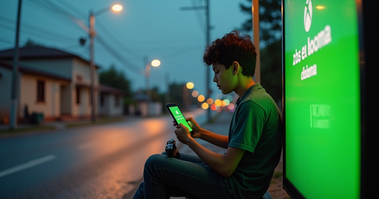Jovem segurando celular com fila na nuvem do Xbox na tela