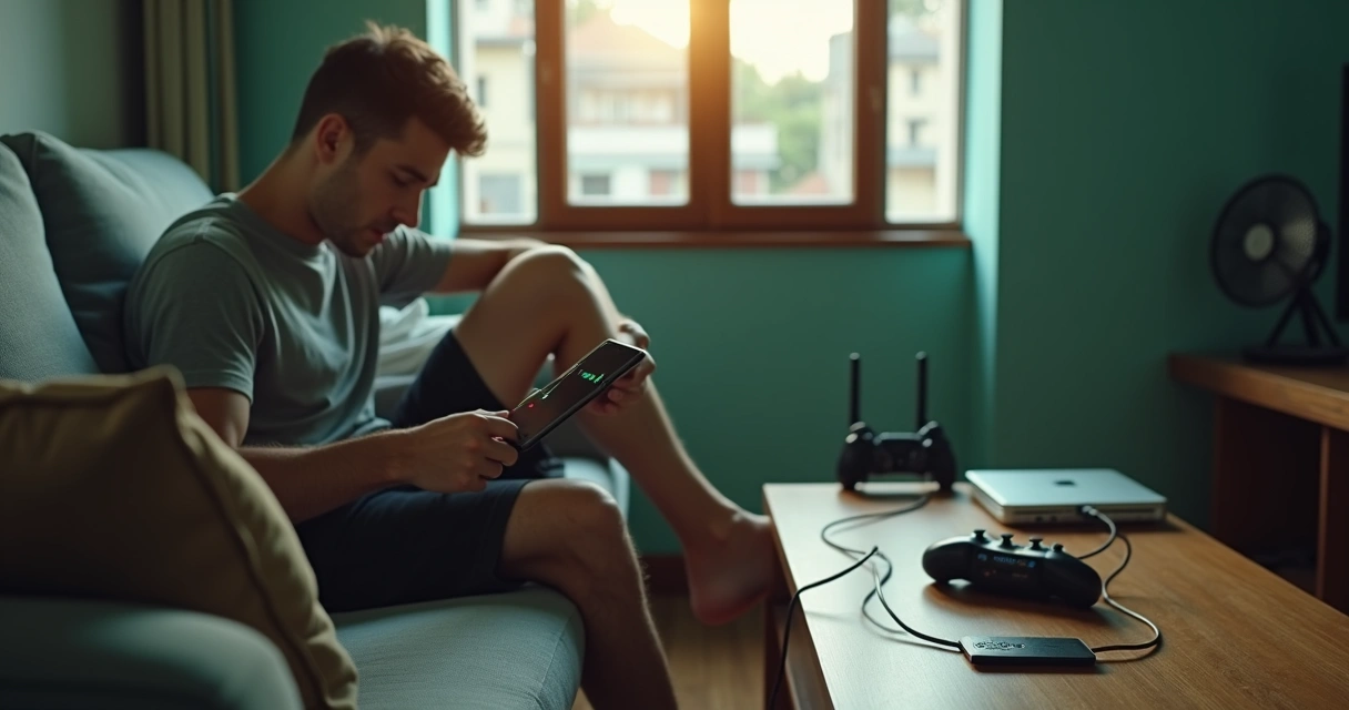 Gamer segurando celular com tela de erro de cloud gaming no sofá simples