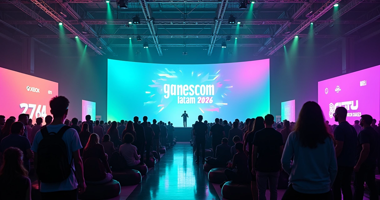 Visão ampla de painel da Gamescom Latam com telão colorido e grande público em pé