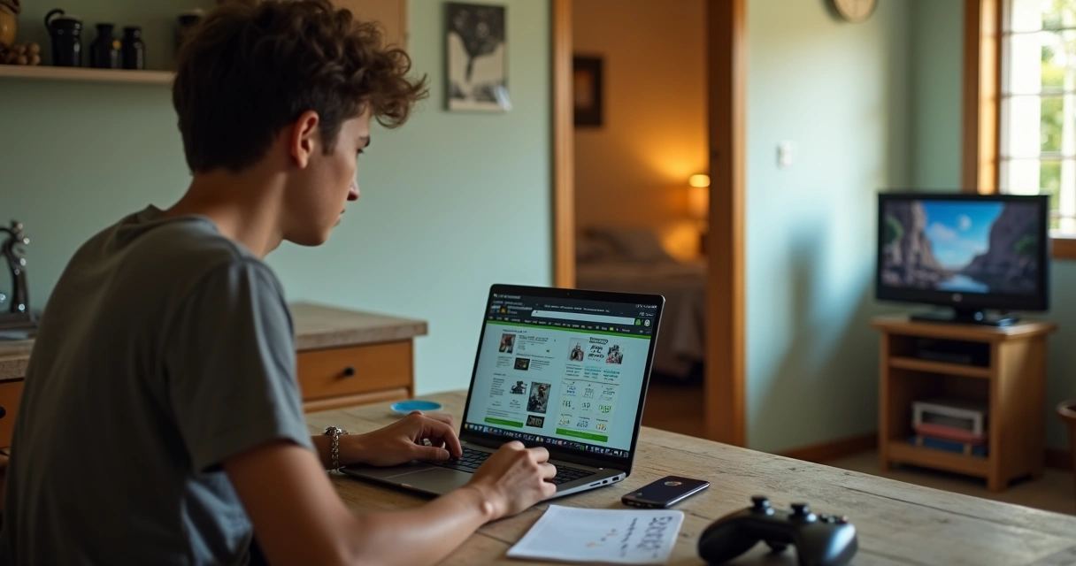 Gamer brasileiro comparando ofertas de Game Pass barato no notebook em uma cozinha simples