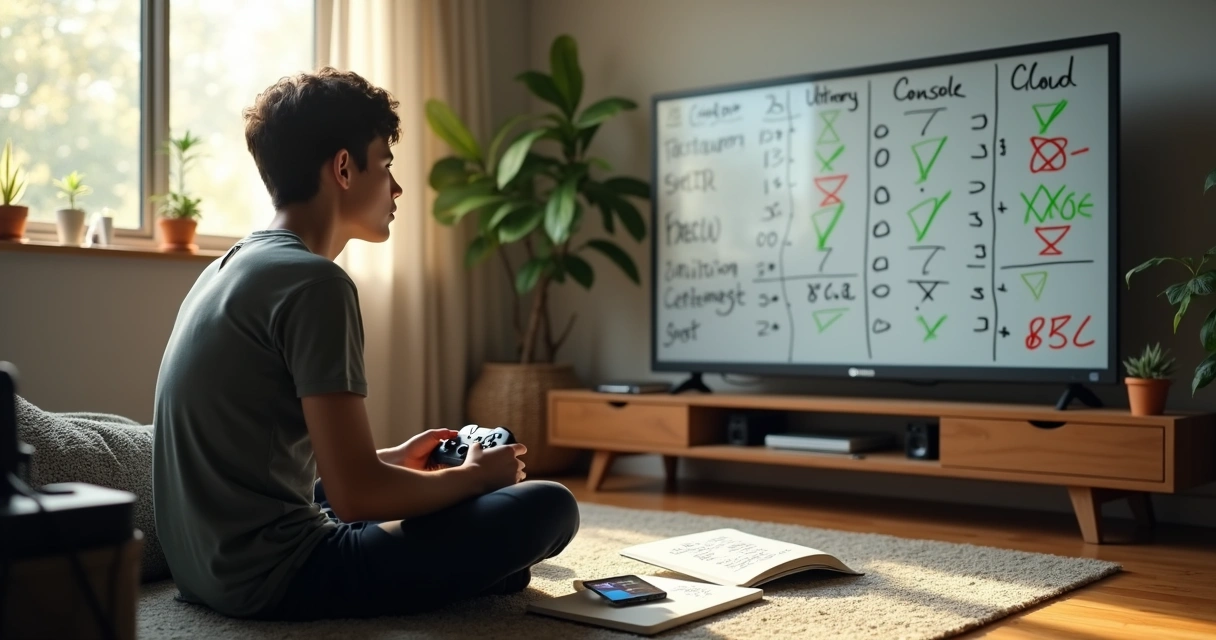 Jovem sentado no chão com joystick planejando assinatura de Game Pass em quadro branco