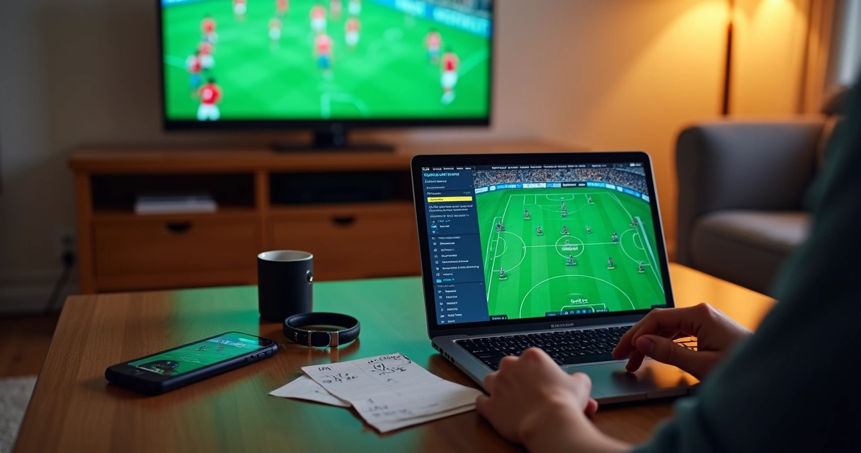 Torcedor analisando táticas de Football Manager 26 no notebook enquanto assiste jogo de futebol na TV
