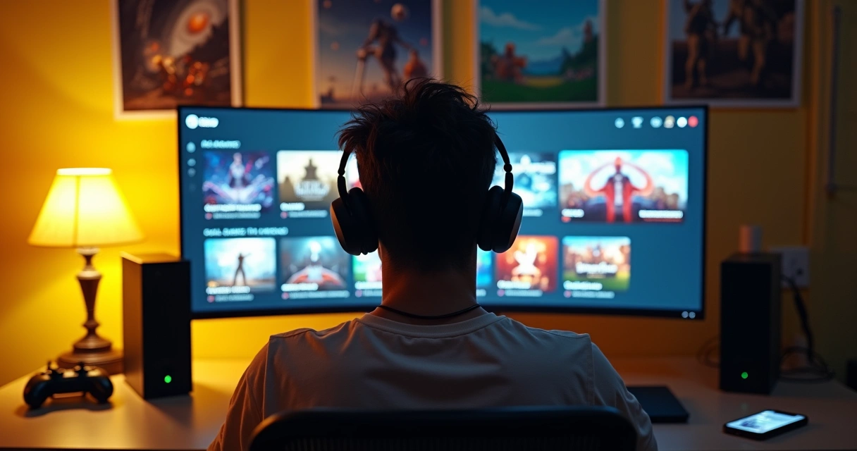 Jogador de costas escolhendo jogos digitais do Game Pass Ultimate numa tela grande